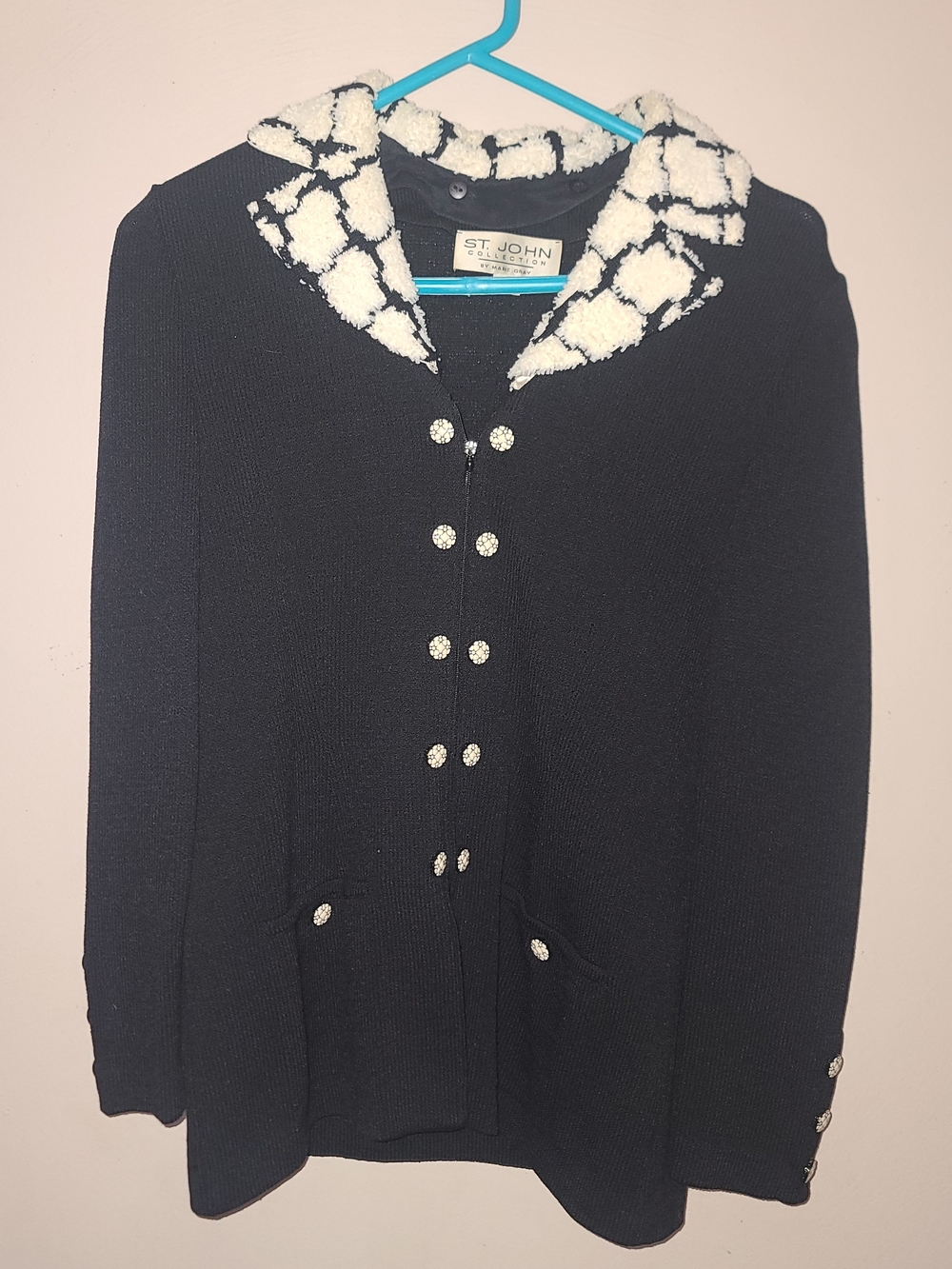 St John Collection Knit Blazer Removable Textured Collar Black Women Luxury Sz 2